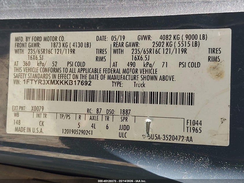 2019 Ford Transit-250 VIN 1FTYR3XMXKKB17692 IAAI salvage auction — LEFT & RIGHT, Bill Of Sale (Georgia), sold $8,325 on 2026-07-09 (photo 9)