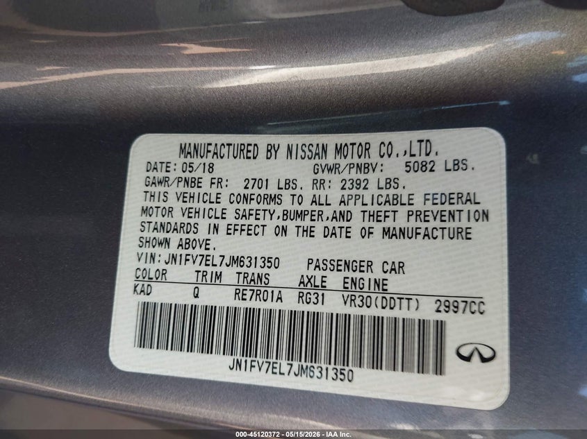 2018 Infiniti Q60 VIN JN1FV7EL7JM631350 IAAI salvage auction — REAR END, Salvage (Alabama), sold $7,850 on 2026-07-15 (photo 9)