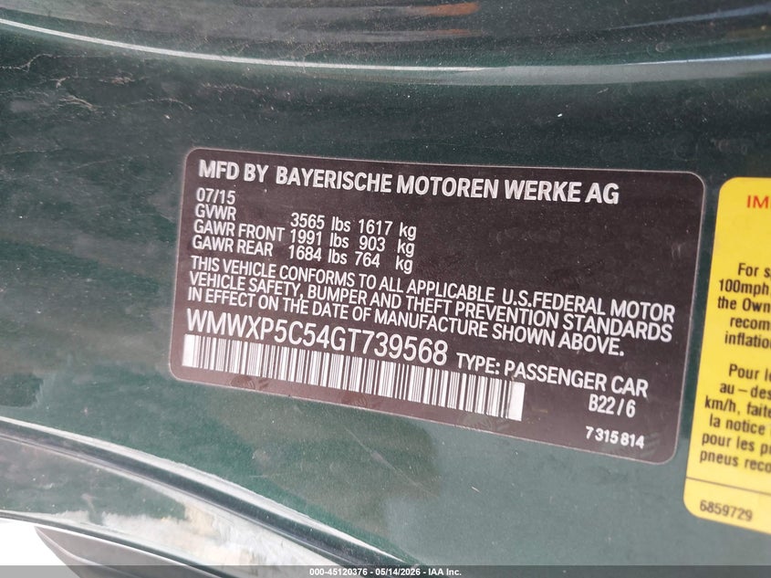 2016 Mini Hard top VIN WMWXP5C54GT739568 IAAI salvage auction — HAIL, Clear (Missouri), sold $700 on 2026-07-27 (photo 9)