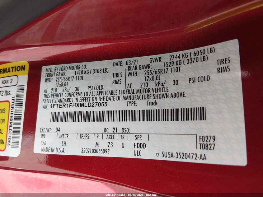 2021 Ford Ranger VIN 1FTER1FHXMLD27055 IAAI salvage auction — SIDE, Salvage (North Carolina), sold $7,250 on 2026-07-29 (photo 9)