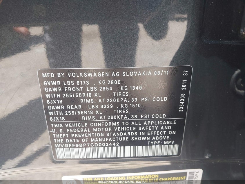 2012 Volkswagen Touareg VIN WVGFF9BP7CD002442 IAAI salvage auction — FRONT END, Salvage (Texas), sold $700 on 2026-07-14 (photo 9)