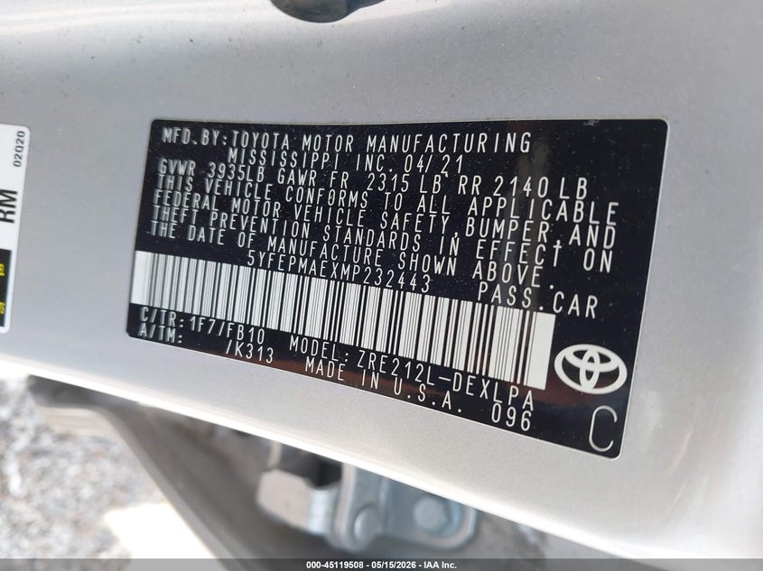 2021 Toyota Corolla VIN 5YFEPMAEXMP232443 IAAI salvage auction — LEFT FRONT, Original (Texas), sold $25 on 2026-07-30 (photo 9)