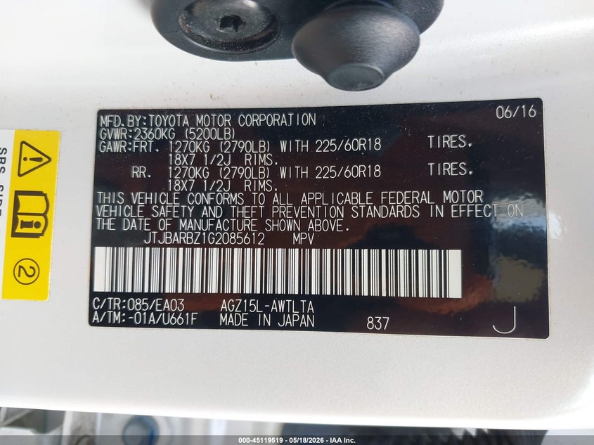 2016 Lexus Nx VIN JTJBARBZ1G2085612 IAAI salvage auction — FRONT END, Salvage (Kansas), sold $4,600 on 2026-07-22 (photo 9)