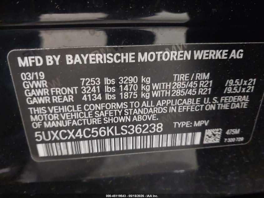 2019 BMW X7 VIN 5UXCX4C56KLS36238 IAAI salvage auction — RIGHT SIDE, Salvage Title, sold $17,050 on 2026-08-26 (photo 9)
