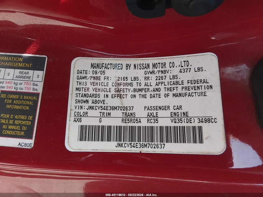 2006 Infiniti G35 VIN JNKCV54E36M702637 IAAI salvage auction — NORMAL WEAR, Salvage (Texas), sold $325 on 2026-07-15 (photo 9)