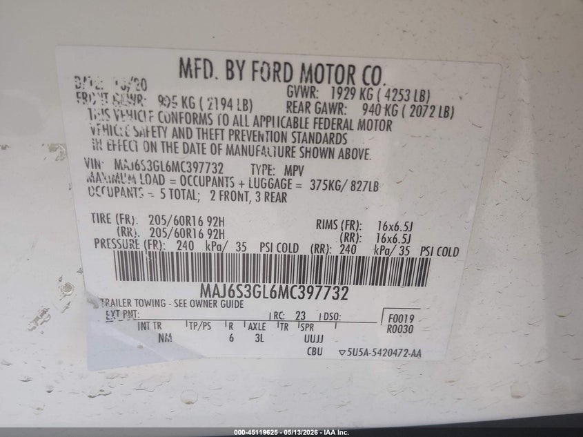 2021 Ford Ecosport VIN MAJ6S3GL6MC397732 IAAI salvage auction — RIGHT FRONT, Clear (Arkansas), sold $625 on 2026-07-08 (photo 9)