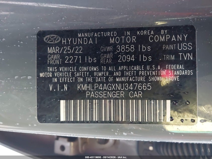 2022 Hyundai Elantra VIN KMHLP4AGXNU347665 IAAI salvage auction — FRONT END, Salvage (Massachusetts), sold $1,700 on 2026-07-24 (photo 9)