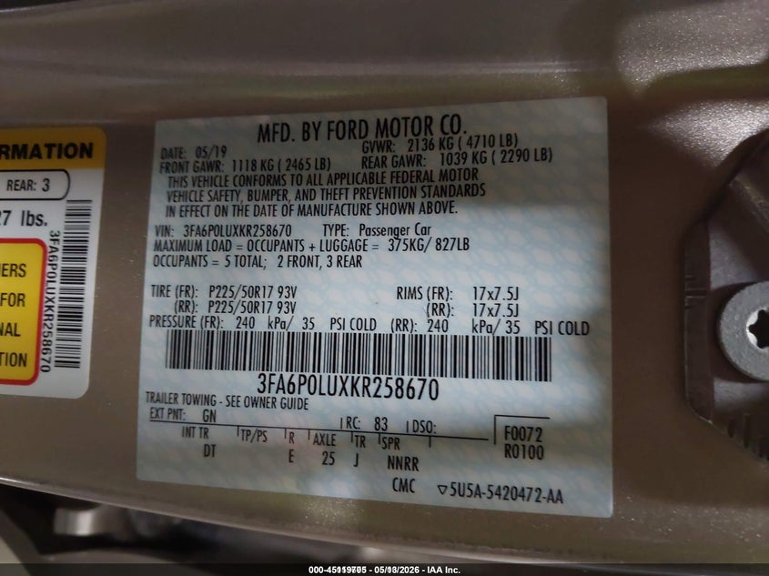 2019 Ford Fusion VIN 3FA6P0LUXKR258670 IAAI salvage auction — HAIL, SF97 (Kansas), sold $13,300 on 2026-07-09 (photo 9)