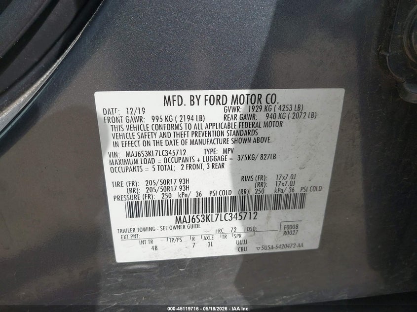 2020 Ford Ecosport VIN MAJ6S3KL7LC345712 IAAI salvage auction — FRONT & REAR, Original (Texas), sold $1,650 on 2026-07-13 (photo 9)