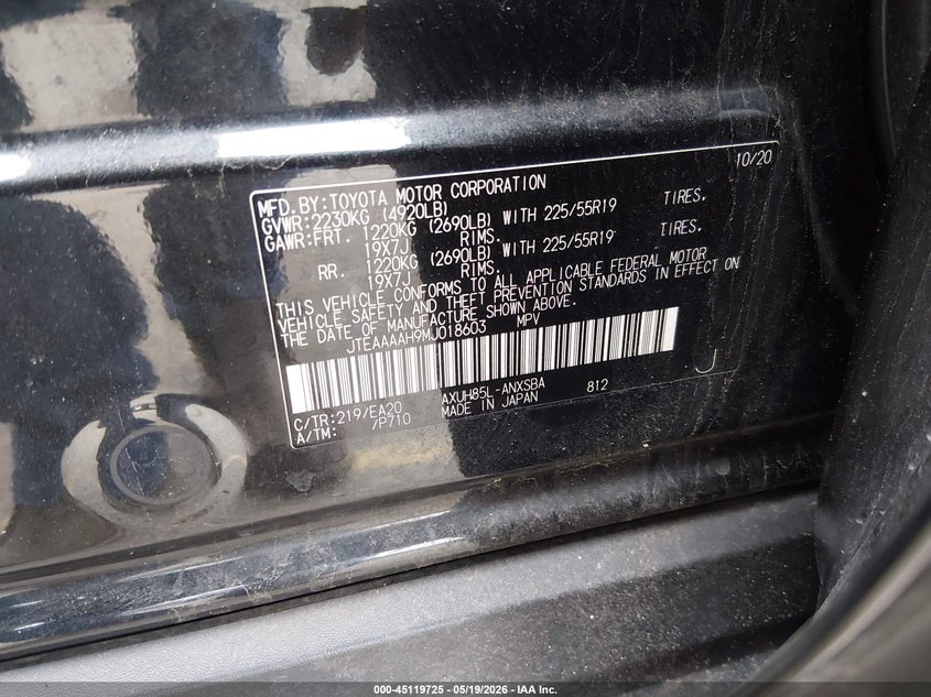2021 Toyota Venza VIN JTEAAAAH9MJ018603 IAAI salvage auction — REAR END, Salvage (Colorado), sold $12,600 on 2026-07-28 (photo 9)