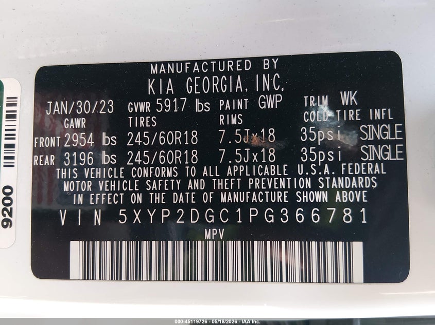 2023 Kia Telluride VIN 5XYP2DGC1PG366781 IAAI salvage auction — FRONT END, Salvage (Massachusetts), sold $2,200 on 2026-07-28 (photo 9)