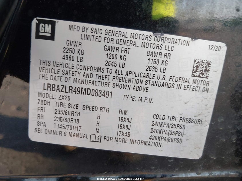 2021 Buick Envision VIN LRBAZLR49MD083491 IAAI salvage auction — REAR END, Salvage (Texas), sold $4,000 on 2026-07-22 (photo 9)