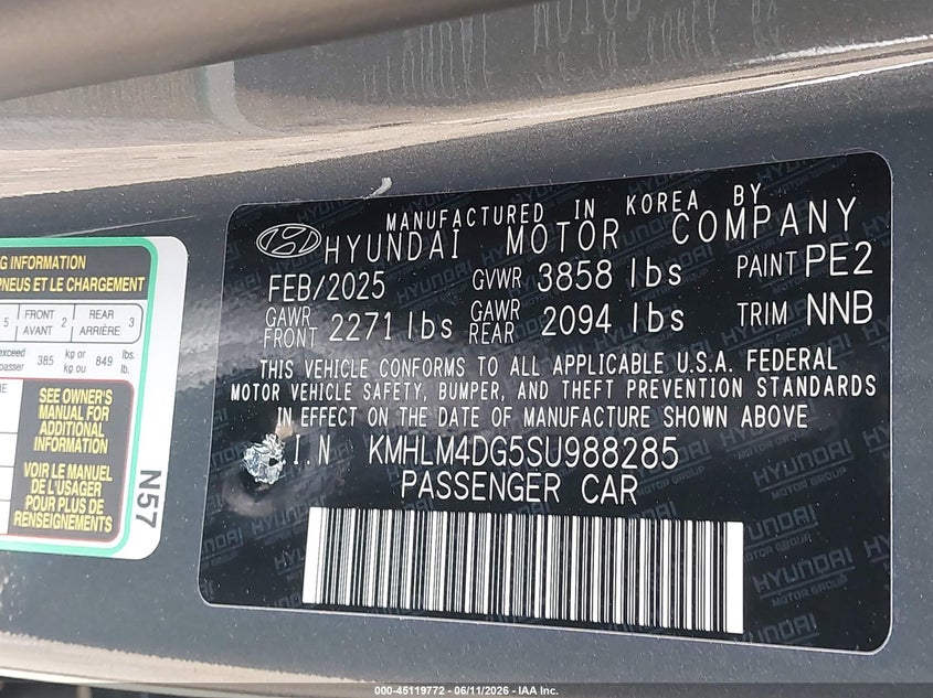 2025 Hyundai Elantra VIN KMHLM4DG5SU988285 IAAI salvage auction — FRONT END, Mv-907A (New York), sold $6,350 on 2026-07-07 (photo 9)
