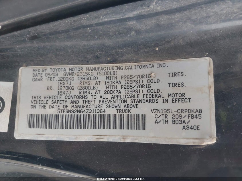 2004 Toyota Tacoma VIN 5TESN92N64Z311364 IAAI salvage auction — RIGHT SIDE, Salvage (Oklahoma), sold $2,450 on 2026-07-15 (photo 9)