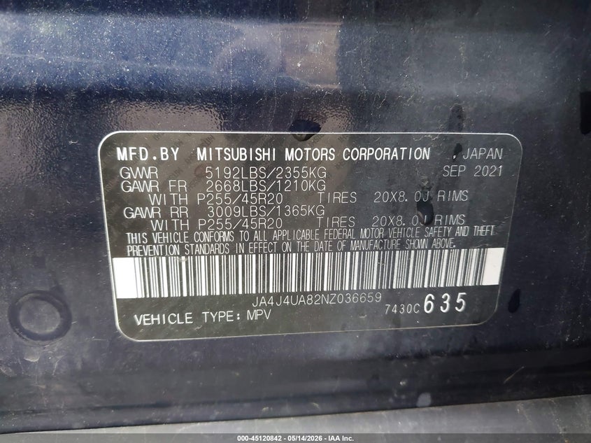 2022 Mitsubishi Outlander VIN JA4J4UA82NZ036659 IAAI salvage auction — LEFT FRONT, Salvage (Pennsylvania), sold $6,950 on 2026-07-08 (photo 9)