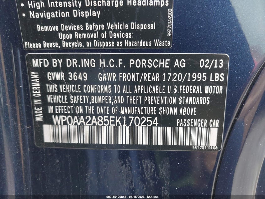 2014 Porsche Cayman VIN WP0AA2A85EK170254 IAAI salvage auction — FRONT END, Salvage (California), sold $4,150 on 2026-07-23 (photo 9)