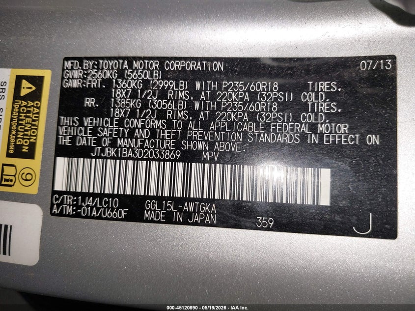 2013 Lexus Rx VIN JTJBK1BA3D2033869 IAAI salvage auction — SIDE, Salvage (Idaho), sold $25 on 2026-07-29 (photo 9)