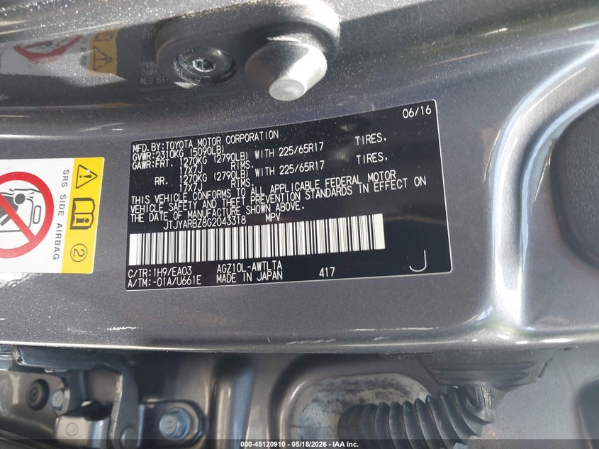 2016 Lexus Nx VIN JTJYARBZ8G2043318 IAAI salvage auction — SIDE, Salvage (Idaho), sold $600 on 2026-07-22 (photo 9)
