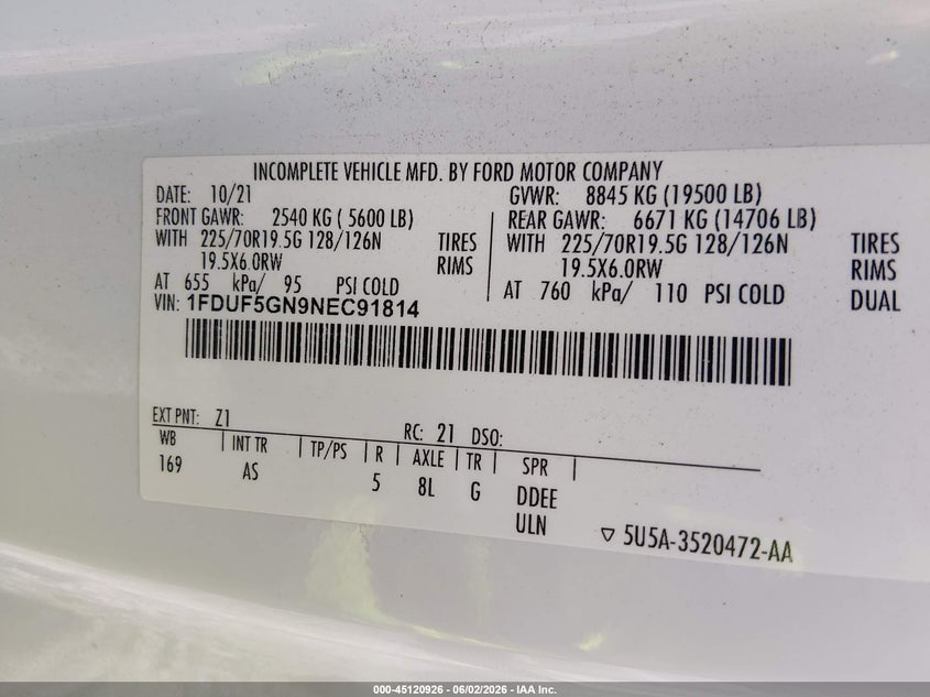 2022 Ford F-550 chassis VIN 1FDUF5GN9NEC91814 IAAI salvage auction — MECHANICAL, Clear (North Carolina), sold $2,550 on 2026-07-29 (photo 8)