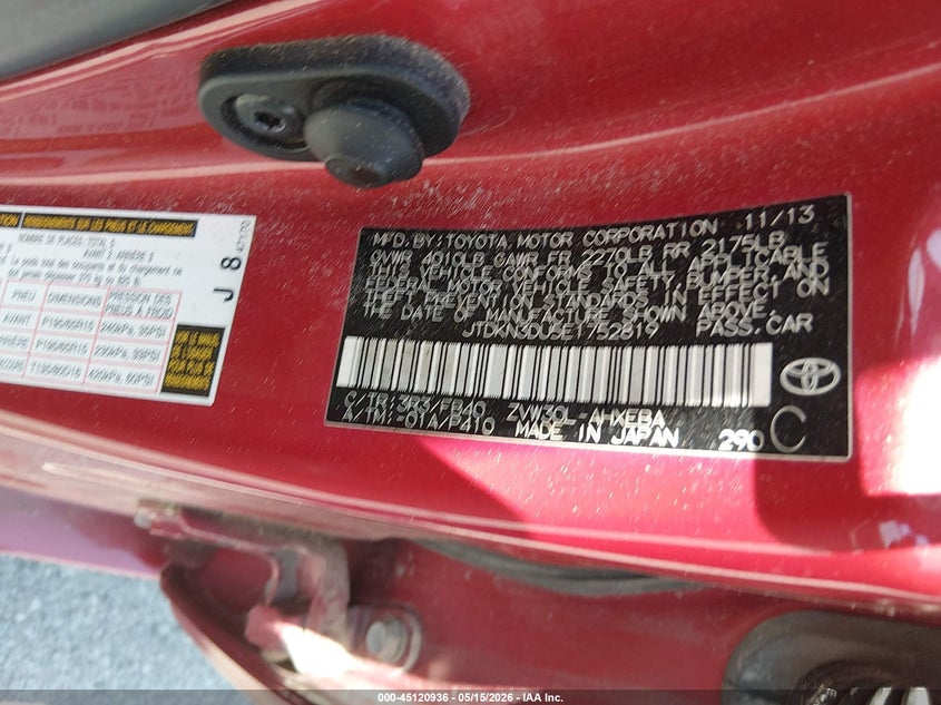 2014 Toyota Prius VIN JTDKN3DU5E1752819 IAAI salvage auction — LEFT & RIGHT, Salvage (Missouri), sold $2,650 on 2026-07-30 (photo 9)