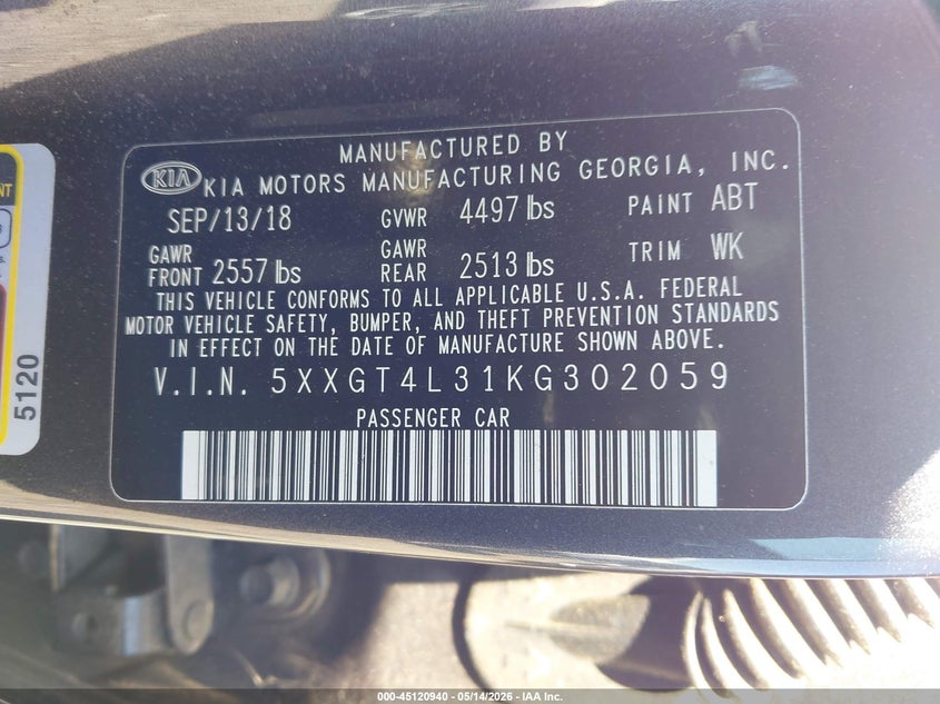 2019 Kia Optima VIN 5XXGT4L31KG302059 IAAI salvage auction — REAR END, Salvage (Georgia), sold $2,300 on 2026-07-08 (photo 9)