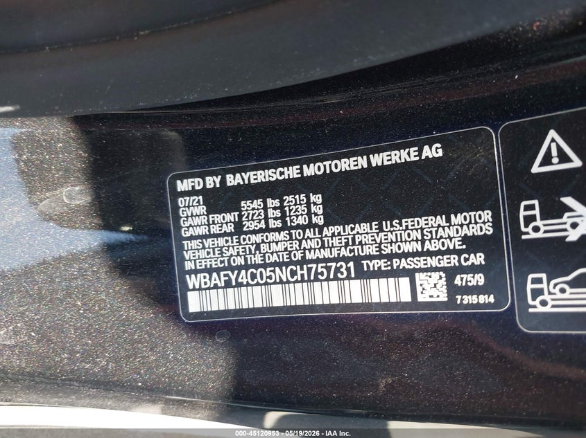 2022 BMW M850i xDrive VIN WBAFY4C05NCH75731 IAAI salvage auction — Front End, Salvage Certificate (California), sold $26,100 on 2026-06-10 (photo 9)