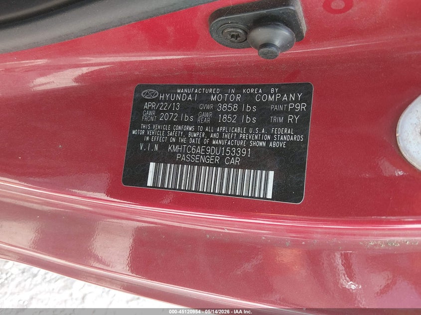 2013 Hyundai Veloster VIN KMHTC6AE9DU153391 IAAI salvage auction — HAIL, Clear (Missouri), sold $650 on 2026-07-27 (photo 9)