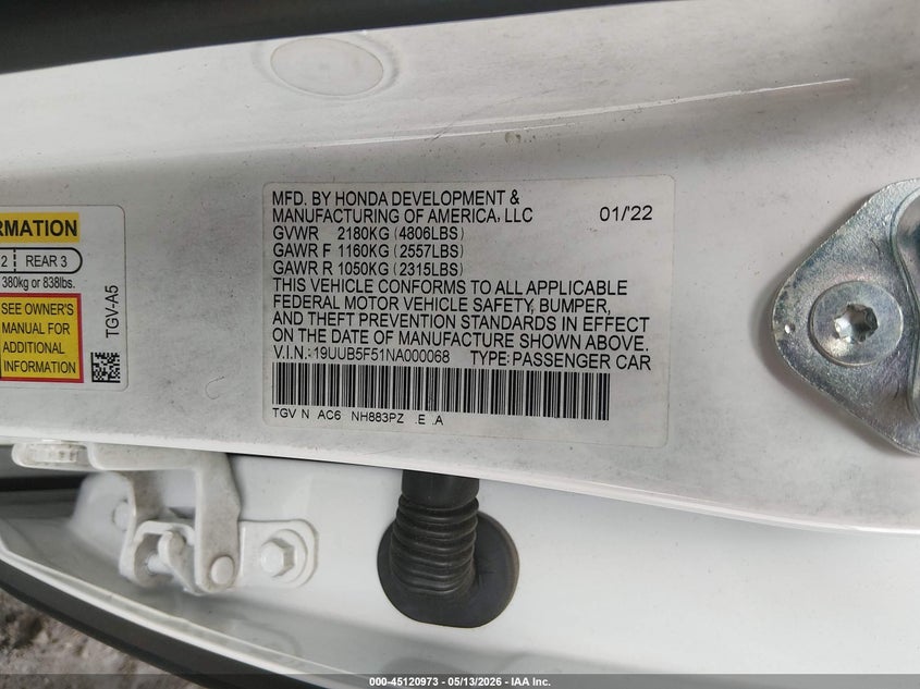 2022 Acura Tlx VIN 19UUB5F51NA000068 IAAI salvage auction — THEFT, Salvage Title, sold $14,250 on 2026-08-31 (photo 9)