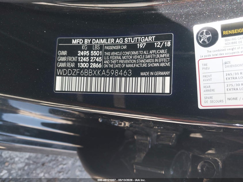 2019 Mercedes-benz VIN WDDZF6BBXKA598463 IAAI salvage auction — ROLLOVER, Certificate Of Destruction (Florida), sold $3,550 on 2026-07-21 (photo 9)