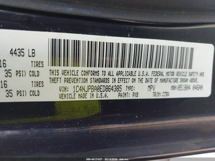 2014 Jeep Liberty (patriot) VIN 1C4NJPBA0ED864385 IAAI salvage auction — SIDE, Certificate Of Title (Nebraska), sold $850 on 2026-07-06 (photo 9)
