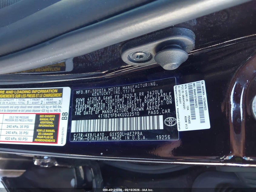 2019 Toyota Avalon VIN 4T1BZ1FB4KU022510 IAAI salvage auction — FRONT END, Salvage (Georgia), sold $9,600 on 2026-07-29 (photo 9)