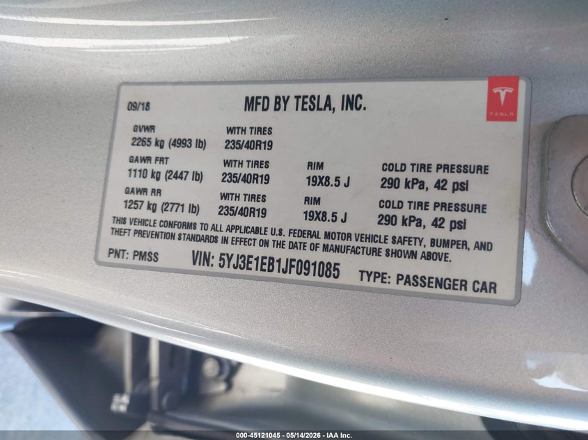 2018 Tesla Model 3 VIN 5YJ3E1EB1JF091085 IAAI salvage auction — FRONT END, Salvage (California), sold $6,200 on 2026-07-29 (photo 9)