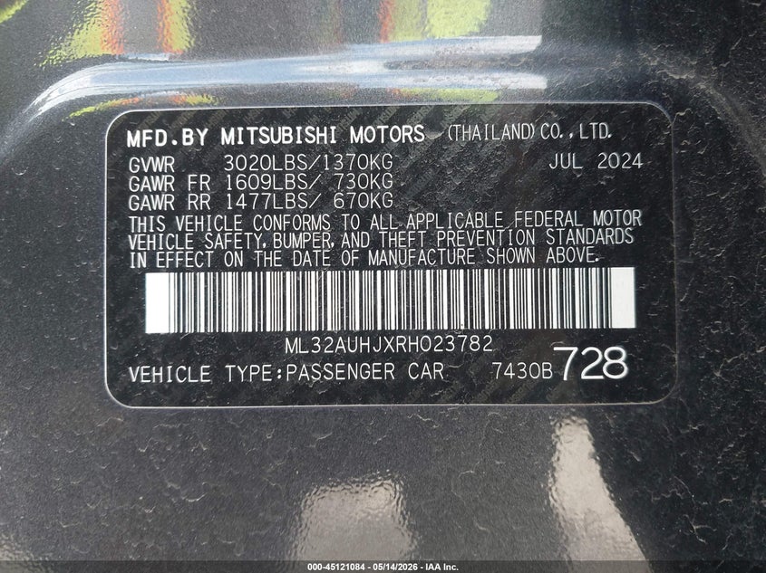 2024 Mitsubishi Mirage VIN ML32AUHJXRH023782 IAAI salvage auction — STORM DAMAGE, Salvage (Ohio), sold $2,950 on 2026-07-15 (photo 9)