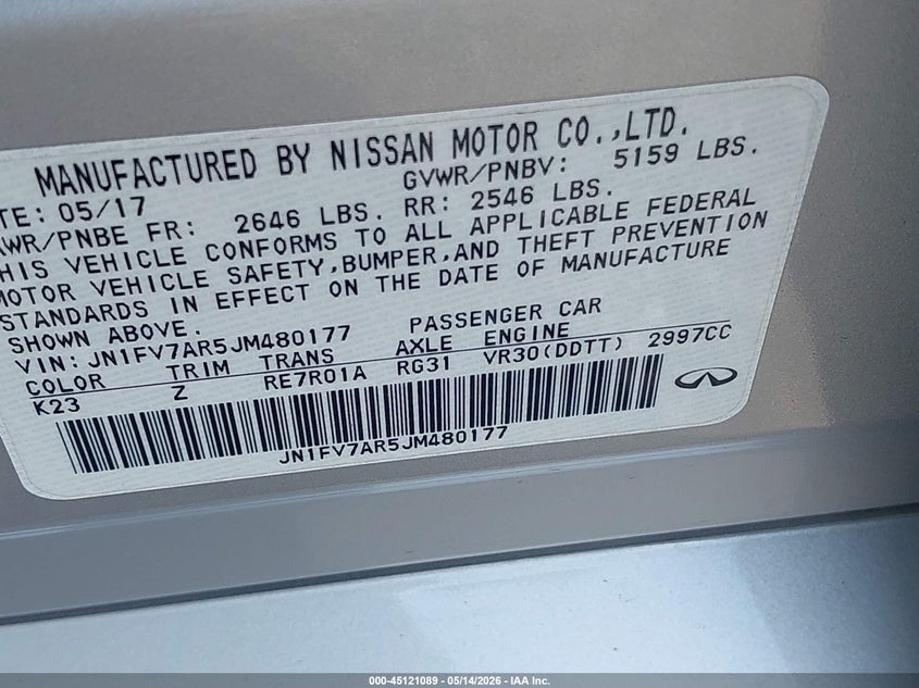 2018 Infiniti Q50 VIN JN1FV7AR5JM480177 IAAI salvage auction — NORMAL WEAR, Clear (Delaware), sold $4,050 on 2026-07-27 (photo 9)