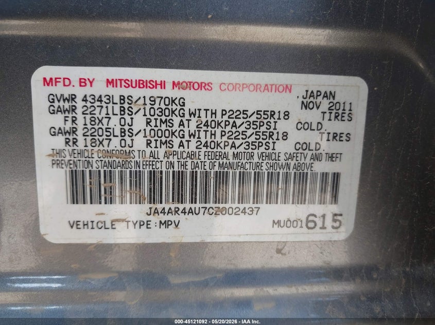 2012 Mitsubishi Outlander VIN JA4AR4AU7CZ002437 IAAI salvage auction — LEFT FRONT, Salvage (Georgia), sold $975 on 2026-07-17 (photo 9)