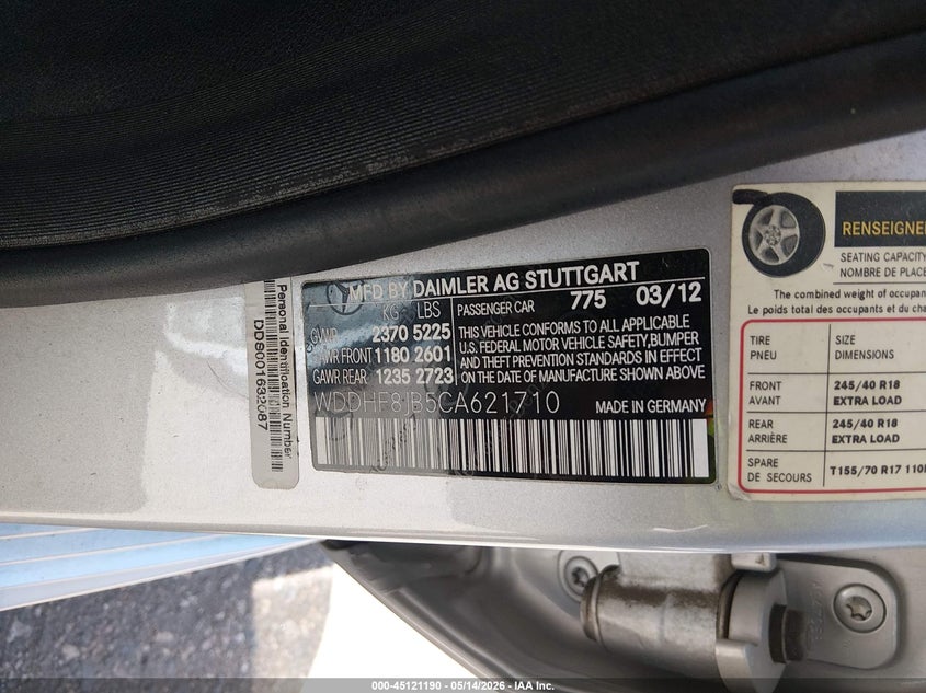 2012 Mercedes-benz E-klasse VIN WDDHF8JB5CA621710 IAAI salvage auction — FRONT END, Salvage (Colorado), sold $25 on 2026-07-28 (photo 9)