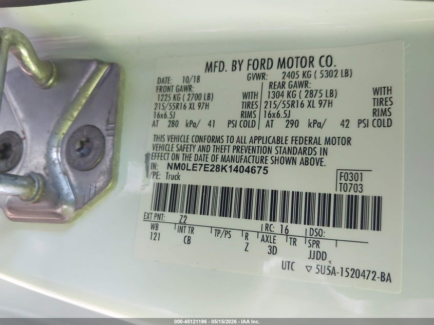2019 Ford Transit VIN NM0LE7E28K1404675 IAAI salvage auction — NORMAL WEAR, Enterprise Vehicles Clear Only (Maryland), sold $3,850 on 2026-07-23 (photo 9)