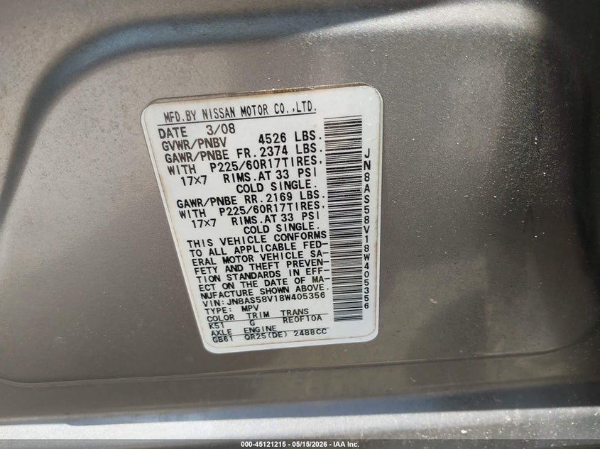 2008 Nissan Rogue VIN JN8AS58V18W405356 IAAI salvage auction — RIGHT REAR, Salvage (Texas), sold $425 on 2026-07-08 (photo 9)