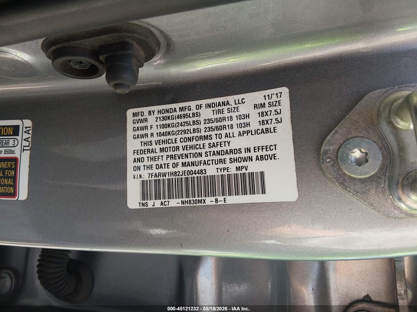 2018 Honda Cr-v VIN 7FARW1H82JE004483 IAAI salvage auction — FRONT END, Salvage Non-Reb (South Carolina), sold $225 on 2026-07-14 (photo 9)