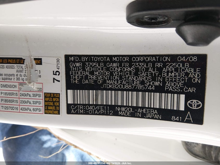 2008 Toyota Prius VIN JTDKB20U887785744 IAAI salvage auction — FRONT & REAR, Salvage (Kentucky), sold $325 on 2026-07-22 (photo 9)