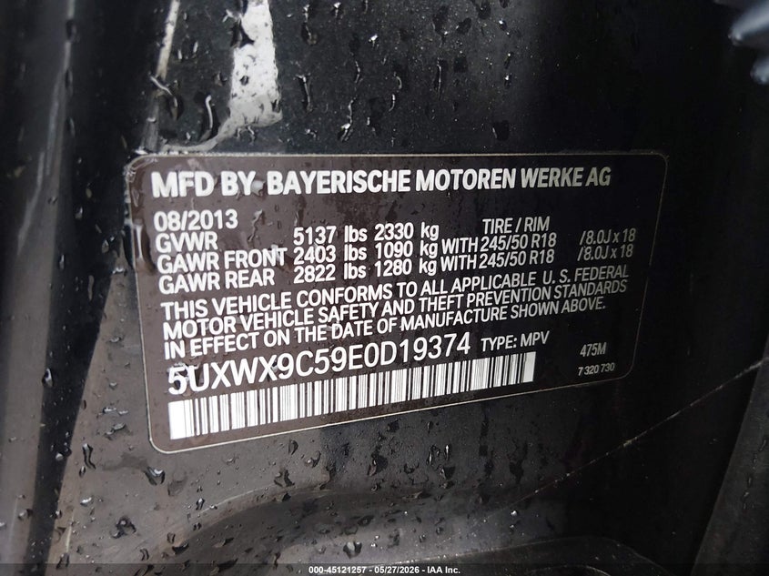 2014 BMW X3 VIN 5UXWX9C59E0D19374 IAAI salvage auction — FRONT END, Wait Title, sold $1,350 on 2026-08-03 (photo 9)