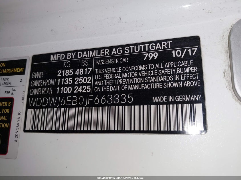 2018 Mercedes-benz VIN WDDWJ6EB0JF663335 IAAI salvage auction — FRONT END, Salvage (Arizona), sold $8,100 on 2026-07-14 (photo 9)