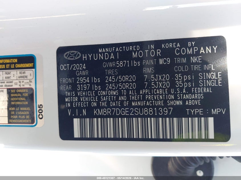 2025 Hyundai Palisade VIN KM8R7DGE2SU881397 IAAI salvage auction — FRONT END, Original (Texas), sold $17,100 on 2026-07-16 (photo 9)