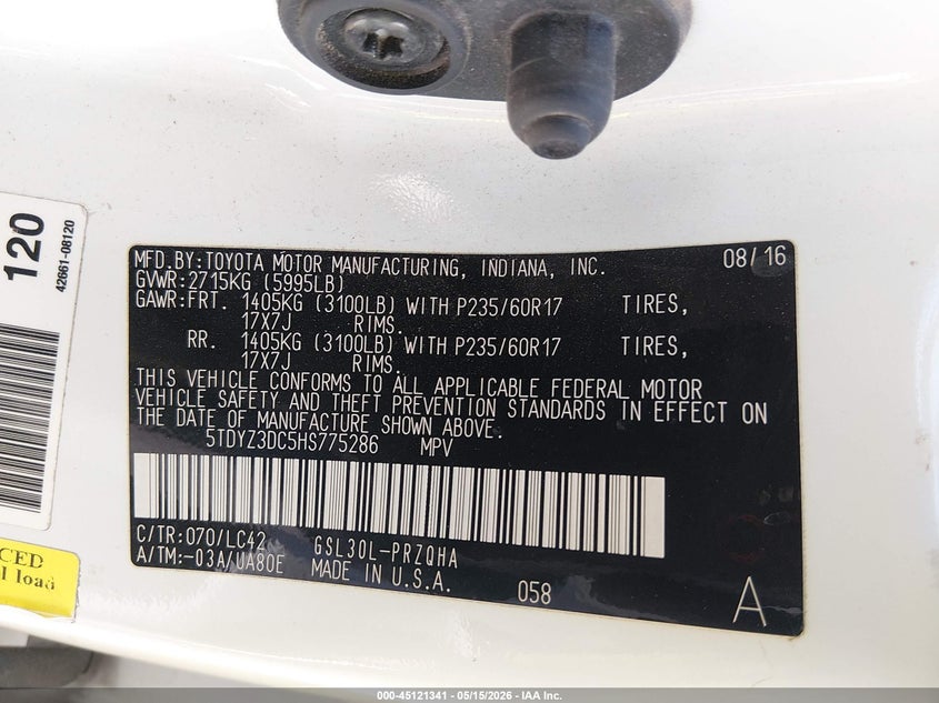 2017 Toyota Sienna VIN 5TDYZ3DC5HS775286 IAAI salvage auction — RIGHT SIDE, Original (Texas), sold $5,450 on 2026-07-15 (photo 9)