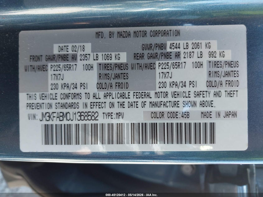 2018 Mazda Cx-5 VIN JM3KFABM0J1368582 IAAI salvage auction — RIGHT SIDE, Salvage (Georgia), sold $3,350 on 2026-07-15 (photo 9)