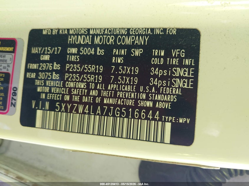 2018 Hyundai Santa fe VIN 5XYZW4LA7JG516644 IAAI salvage auction — FRONT END, Rebuildable (Florida), sold $2,600 on 2026-07-09 (photo 9)