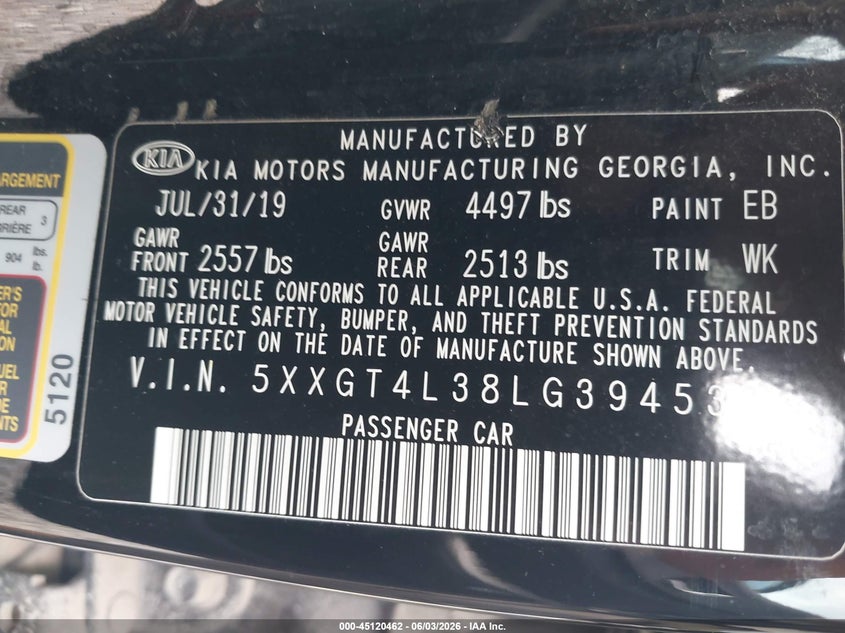 2020 Kia Optima VIN 5XXGT4L38LG394532 IAAI salvage auction — HAIL, Salvage Title, sold $3,400 on 2026-07-13 (photo 9)