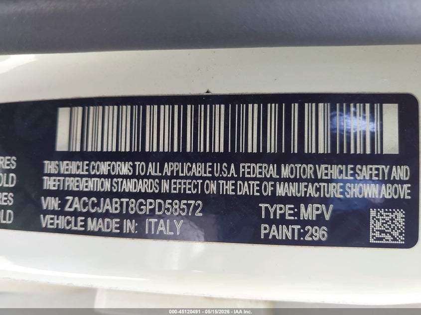 2016 Jeep Renegade VIN ZACCJABT8GPD58572 IAAI salvage auction — HAIL, Original (Texas), sold $2,300 on 2026-07-20 (photo 9)