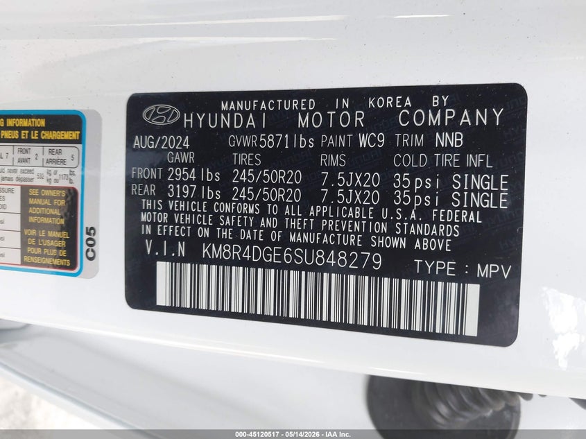 2025 Hyundai Palisade VIN KM8R4DGE6SU848279 IAAI salvage auction — REAR END, Salvage (New Jersey), sold $12,200 on 2026-07-16 (photo 9)