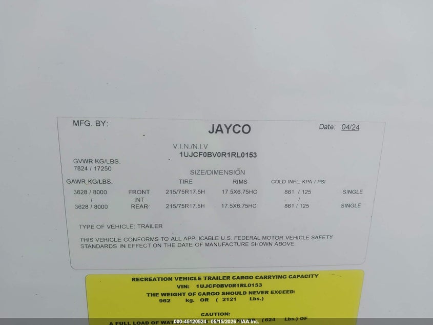 2024 Jayco Fifthe VIN 1UJCF0BV0R1RL0153 IAAI salvage auction — SIDE, Salvage (Texas), sold $19,950 on 2026-07-21 (photo 9)